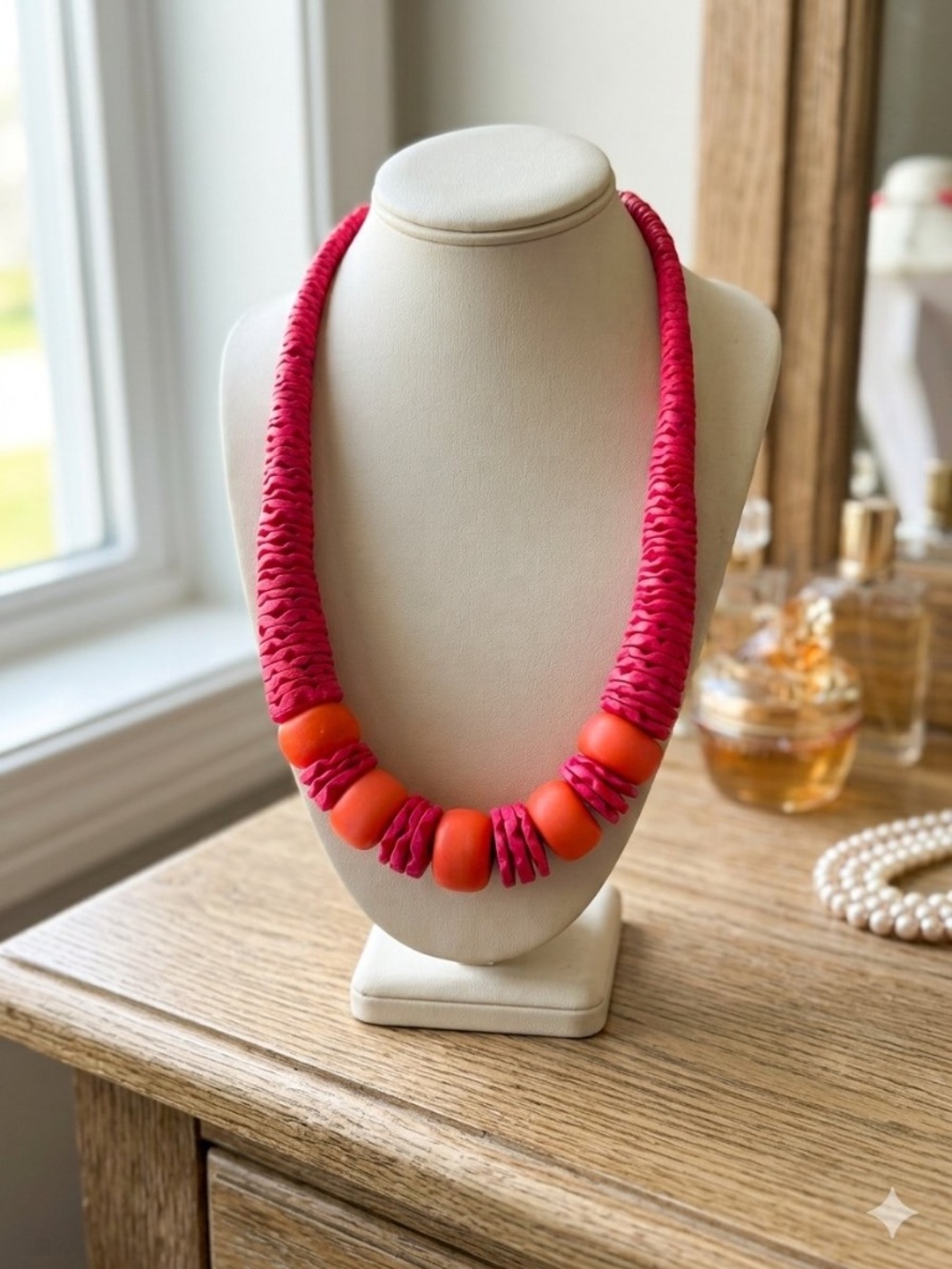 Vintage Chunky Hot Pink & Orange Heishi Slice Statement Collar Necklace